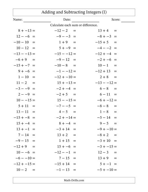 The Adding and Subtracting Mixed Integers from -15 to 15 (75 Questions; No Parentheses) (I) Math Worksheet