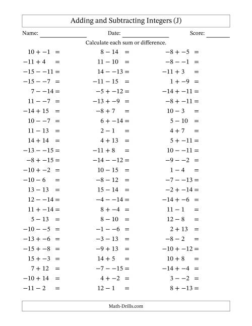 The Adding and Subtracting Mixed Integers from -15 to 15 (75 Questions; No Parentheses) (J) Math Worksheet