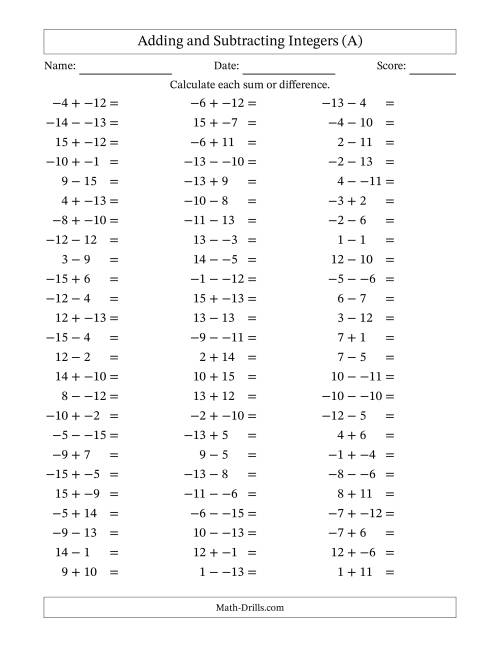 The Adding and Subtracting Mixed Integers from -15 to 15 (75 Questions; No Parentheses) (All) Math Worksheet
