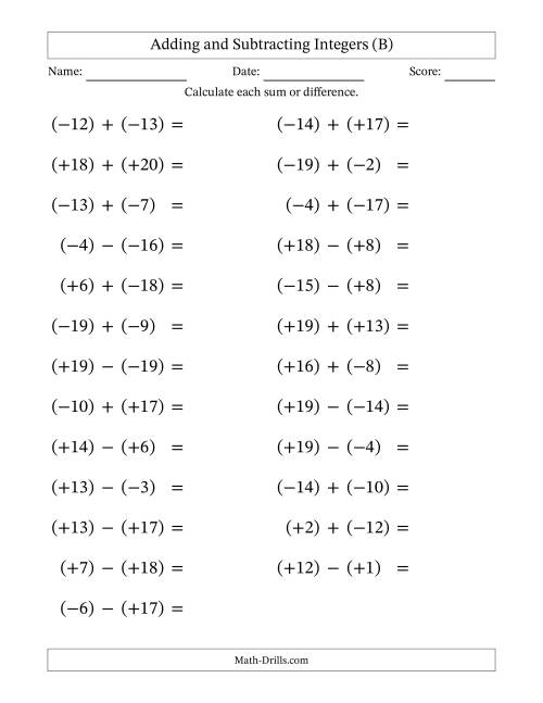 The Adding and Subtracting Mixed Integers from -20 to 20 (25 Questions; Large Print; All Parentheses) (B) Math Worksheet