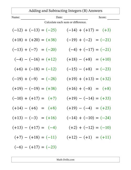 The Adding and Subtracting Mixed Integers from -20 to 20 (25 Questions; Large Print; All Parentheses) (B) Math Worksheet Page 2