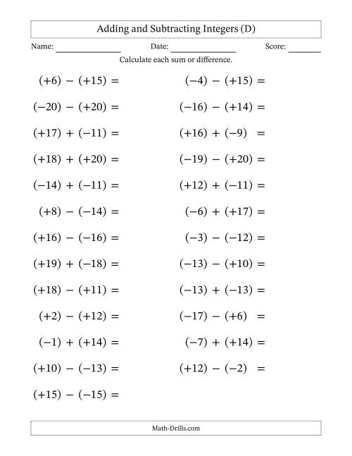 The Adding and Subtracting Mixed Integers from -20 to 20 (25 Questions; Large Print; All Parentheses) (D) Math Worksheet