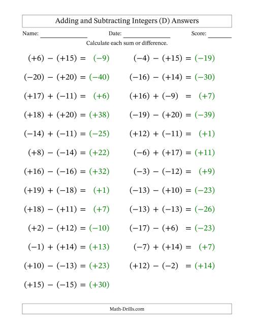 The Adding and Subtracting Mixed Integers from -20 to 20 (25 Questions; Large Print; All Parentheses) (D) Math Worksheet Page 2
