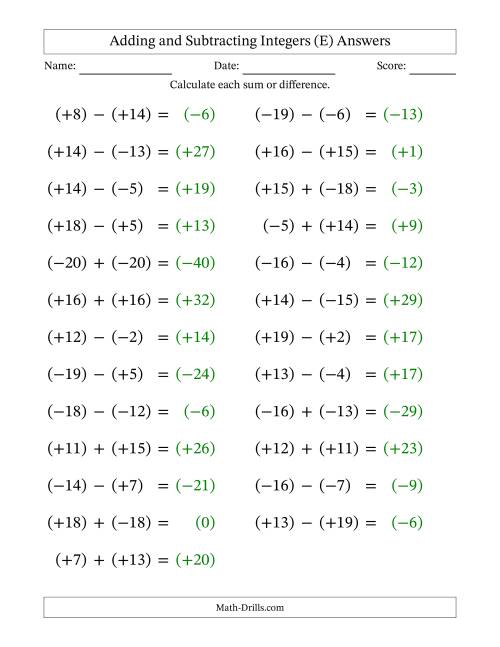 The Adding and Subtracting Mixed Integers from -20 to 20 (25 Questions; Large Print; All Parentheses) (E) Math Worksheet Page 2