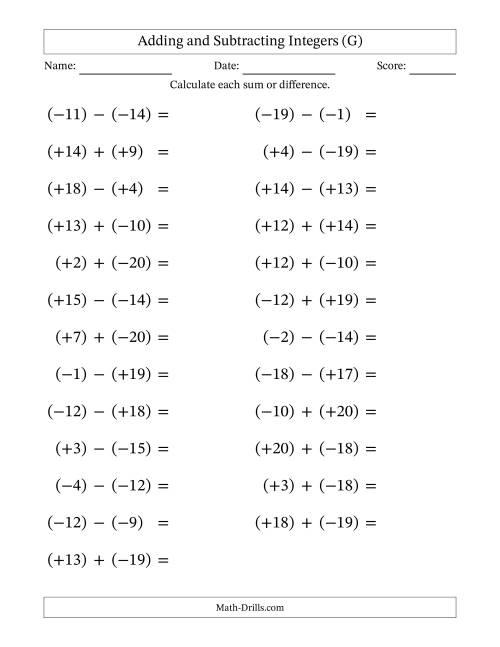 The Adding and Subtracting Mixed Integers from -20 to 20 (25 Questions; Large Print; All Parentheses) (G) Math Worksheet