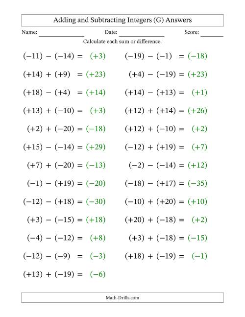 The Adding and Subtracting Mixed Integers from -20 to 20 (25 Questions; Large Print; All Parentheses) (G) Math Worksheet Page 2