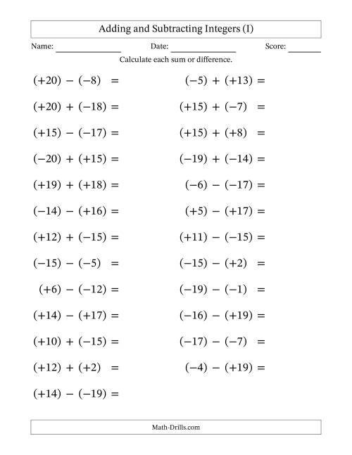 The Adding and Subtracting Mixed Integers from -20 to 20 (25 Questions; Large Print; All Parentheses) (I) Math Worksheet