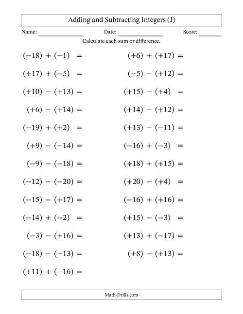 The Adding and Subtracting Mixed Integers from -20 to 20 (25 Questions; Large Print; All Parentheses) (J) Math Worksheet