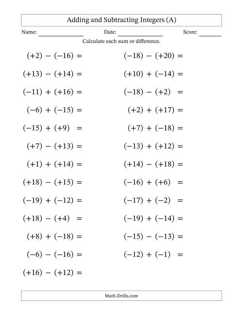 The Adding and Subtracting Mixed Integers from -20 to 20 (25 Questions; Large Print; All Parentheses) (All) Math Worksheet