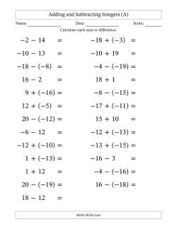 Adding and Subtracting Mixed Integers from -20 to 20 (25 Questions; Large Print)
