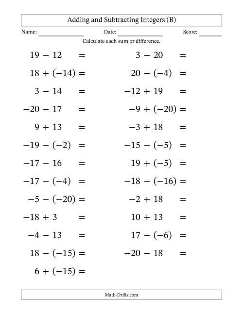 The Adding and Subtracting Mixed Integers from -20 to 20 (25 Questions; Large Print) (B) Math Worksheet