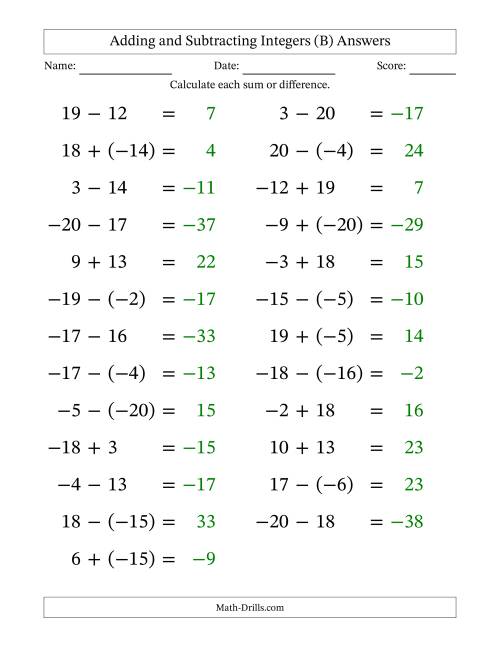 The Adding and Subtracting Mixed Integers from -20 to 20 (25 Questions; Large Print) (B) Math Worksheet Page 2