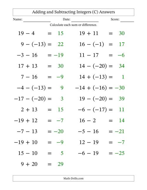The Adding and Subtracting Mixed Integers from -20 to 20 (25 Questions; Large Print) (C) Math Worksheet Page 2