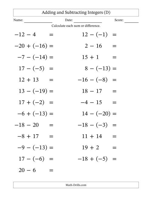 The Adding and Subtracting Mixed Integers from -20 to 20 (25 Questions; Large Print) (D) Math Worksheet