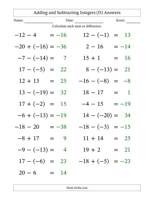 The Adding and Subtracting Mixed Integers from -20 to 20 (25 Questions; Large Print) (D) Math Worksheet Page 2
