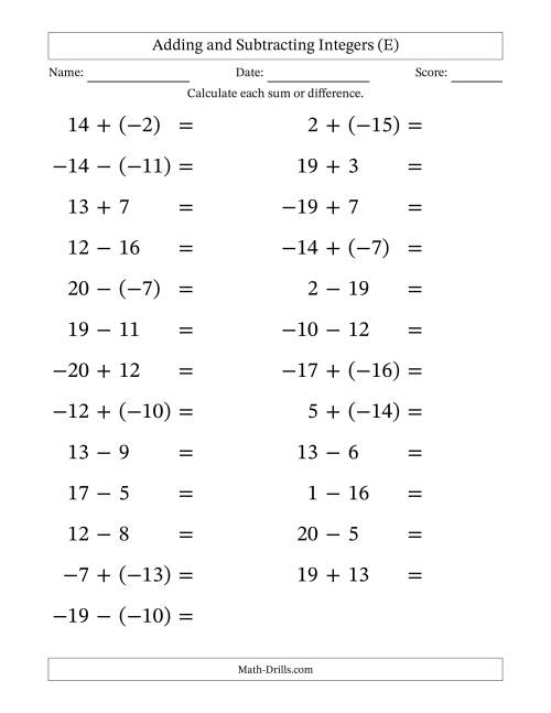 The Adding and Subtracting Mixed Integers from -20 to 20 (25 Questions; Large Print) (E) Math Worksheet