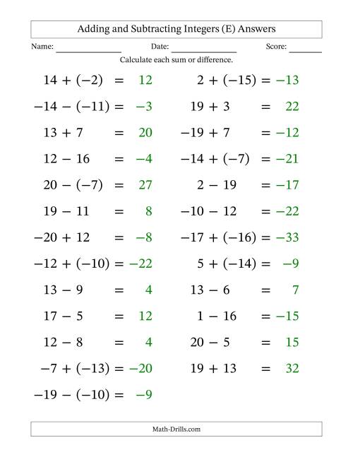 The Adding and Subtracting Mixed Integers from -20 to 20 (25 Questions; Large Print) (E) Math Worksheet Page 2