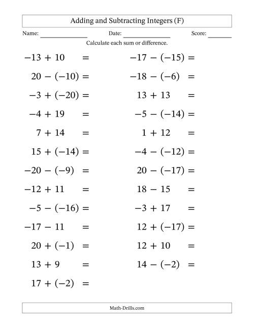 The Adding and Subtracting Mixed Integers from -20 to 20 (25 Questions; Large Print) (F) Math Worksheet