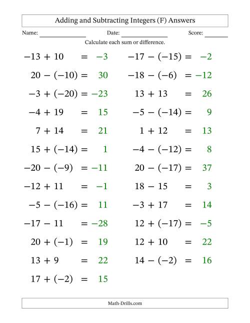 The Adding and Subtracting Mixed Integers from -20 to 20 (25 Questions; Large Print) (F) Math Worksheet Page 2