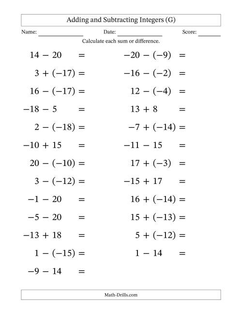 The Adding and Subtracting Mixed Integers from -20 to 20 (25 Questions; Large Print) (G) Math Worksheet
