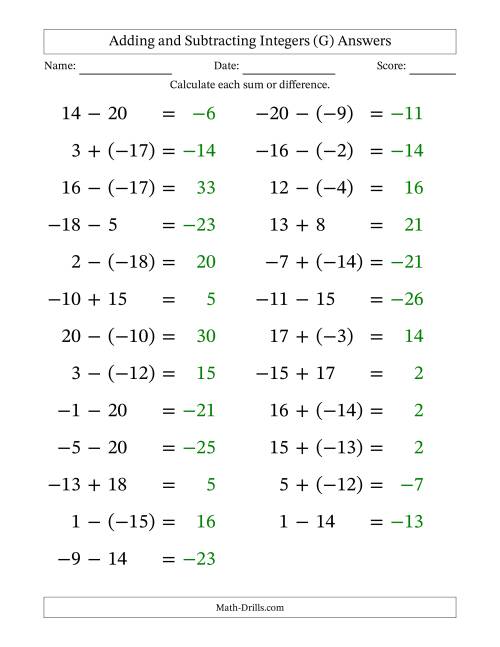 The Adding and Subtracting Mixed Integers from -20 to 20 (25 Questions; Large Print) (G) Math Worksheet Page 2
