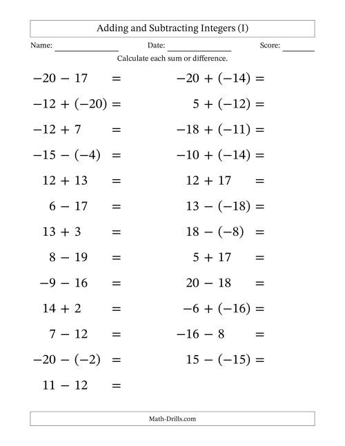 The Adding and Subtracting Mixed Integers from -20 to 20 (25 Questions; Large Print) (I) Math Worksheet
