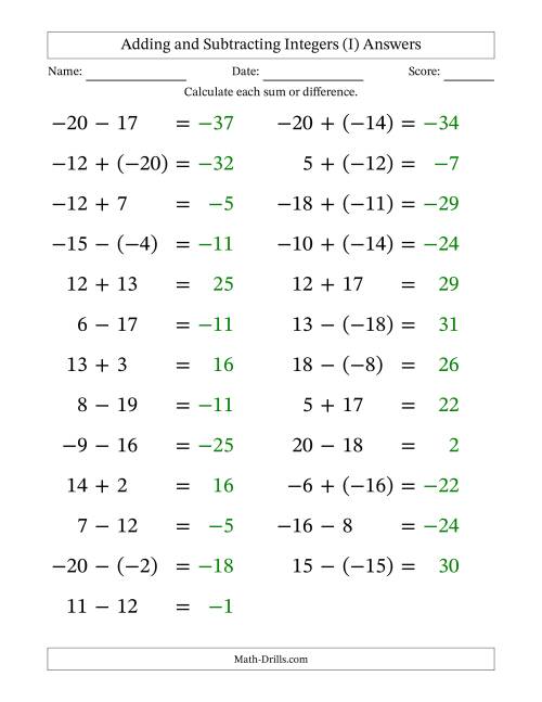 The Adding and Subtracting Mixed Integers from -20 to 20 (25 Questions; Large Print) (I) Math Worksheet Page 2