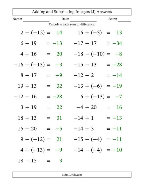 The Adding and Subtracting Mixed Integers from -20 to 20 (25 Questions; Large Print) (J) Math Worksheet Page 2