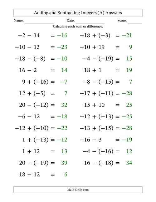 The Adding and Subtracting Mixed Integers from -20 to 20 (25 Questions; Large Print) (All) Math Worksheet Page 2