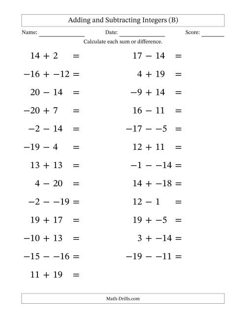The Adding and Subtracting Mixed Integers from -20 to 20 (25 Questions; Large Print; No Parentheses) (B) Math Worksheet