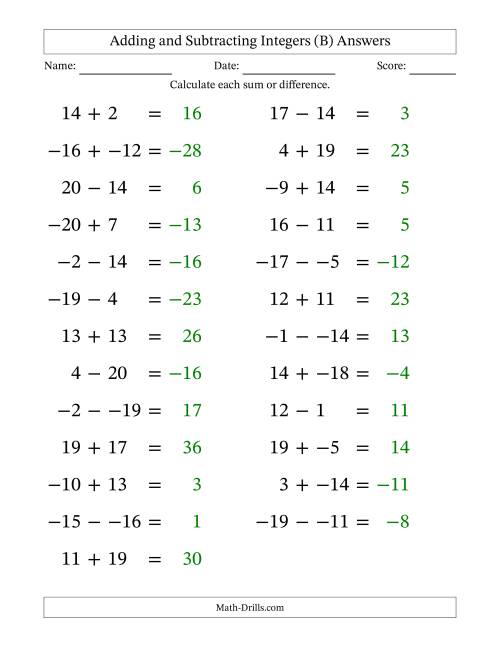 The Adding and Subtracting Mixed Integers from -20 to 20 (25 Questions; Large Print; No Parentheses) (B) Math Worksheet Page 2