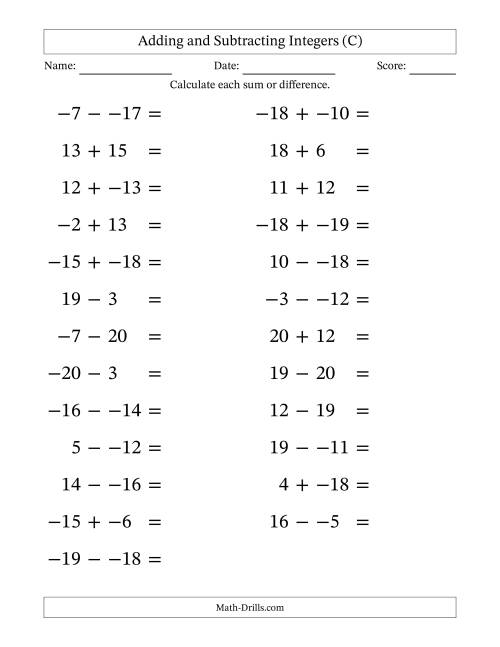 The Adding and Subtracting Mixed Integers from -20 to 20 (25 Questions; Large Print; No Parentheses) (C) Math Worksheet