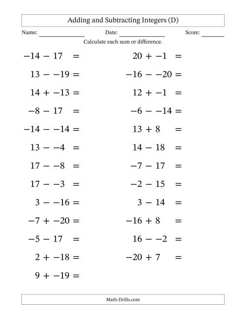 The Adding and Subtracting Mixed Integers from -20 to 20 (25 Questions; Large Print; No Parentheses) (D) Math Worksheet