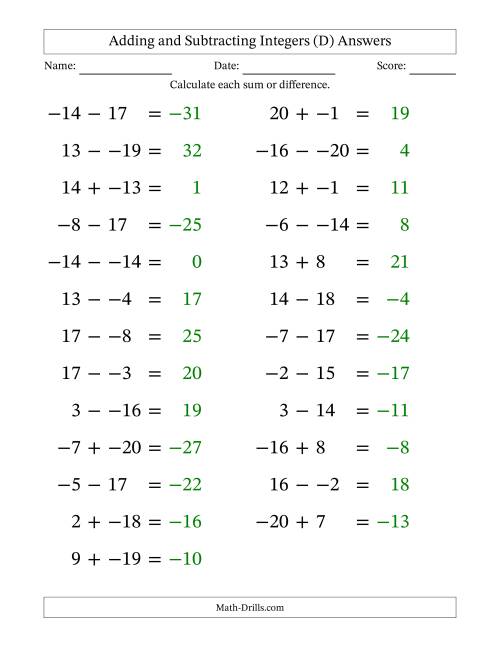 The Adding and Subtracting Mixed Integers from -20 to 20 (25 Questions; Large Print; No Parentheses) (D) Math Worksheet Page 2