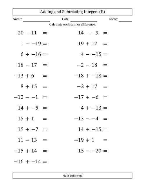 The Adding and Subtracting Mixed Integers from -20 to 20 (25 Questions; Large Print; No Parentheses) (E) Math Worksheet