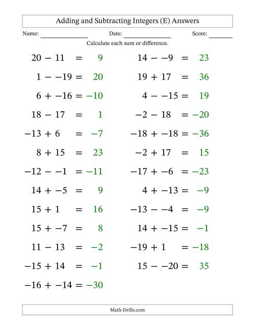The Adding and Subtracting Mixed Integers from -20 to 20 (25 Questions; Large Print; No Parentheses) (E) Math Worksheet Page 2