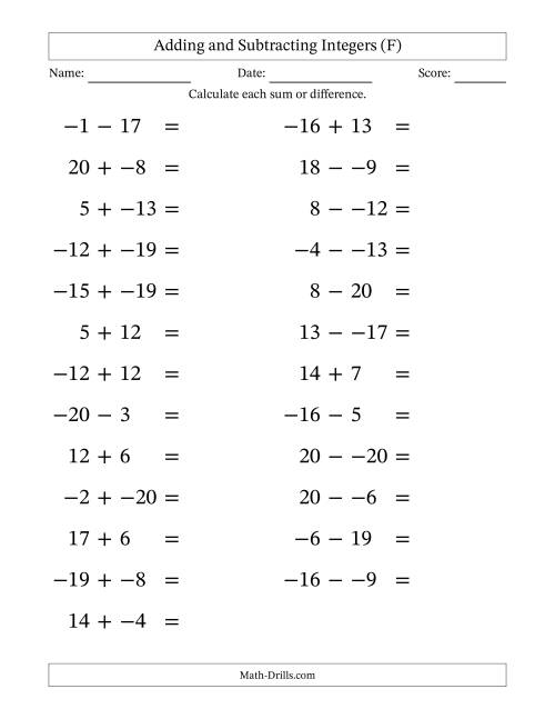 The Adding and Subtracting Mixed Integers from -20 to 20 (25 Questions; Large Print; No Parentheses) (F) Math Worksheet