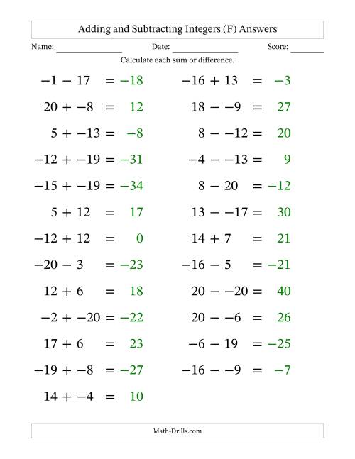 The Adding and Subtracting Mixed Integers from -20 to 20 (25 Questions; Large Print; No Parentheses) (F) Math Worksheet Page 2