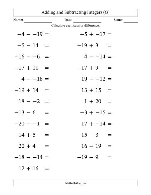 The Adding and Subtracting Mixed Integers from -20 to 20 (25 Questions; Large Print; No Parentheses) (G) Math Worksheet