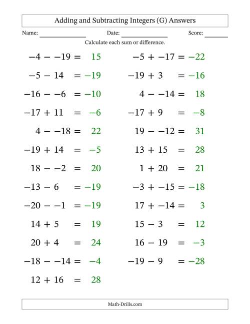 The Adding and Subtracting Mixed Integers from -20 to 20 (25 Questions; Large Print; No Parentheses) (G) Math Worksheet Page 2