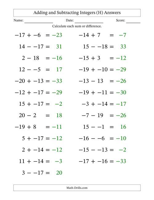 The Adding and Subtracting Mixed Integers from -20 to 20 (25 Questions; Large Print; No Parentheses) (H) Math Worksheet Page 2