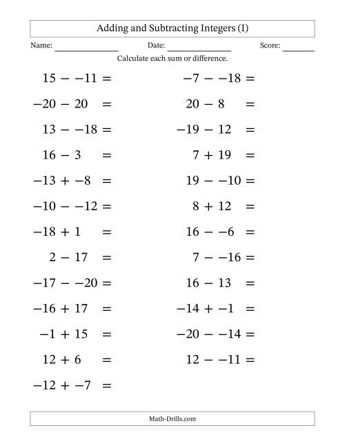 The Adding and Subtracting Mixed Integers from -20 to 20 (25 Questions; Large Print; No Parentheses) (I) Math Worksheet