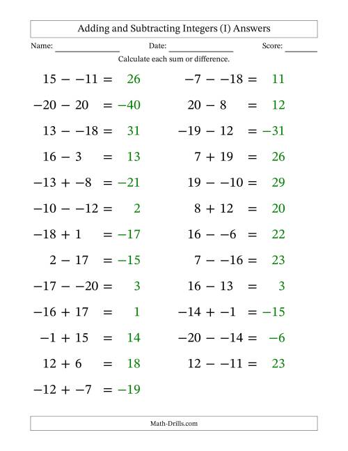 The Adding and Subtracting Mixed Integers from -20 to 20 (25 Questions; Large Print; No Parentheses) (I) Math Worksheet Page 2