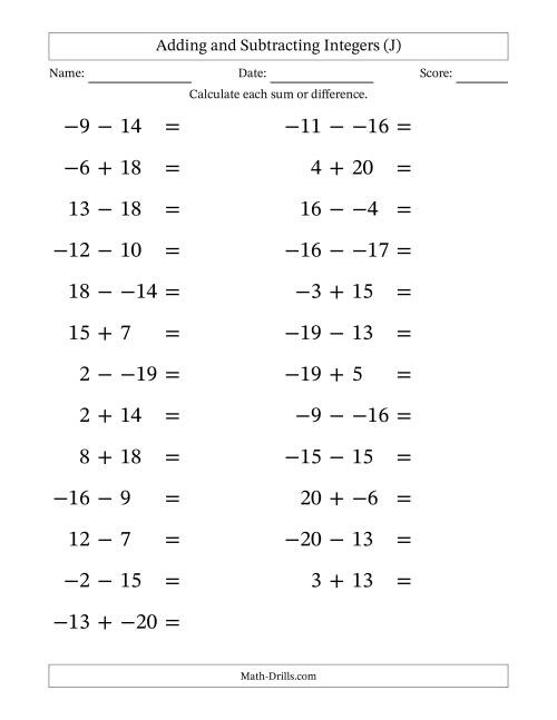 The Adding and Subtracting Mixed Integers from -20 to 20 (25 Questions; Large Print; No Parentheses) (J) Math Worksheet