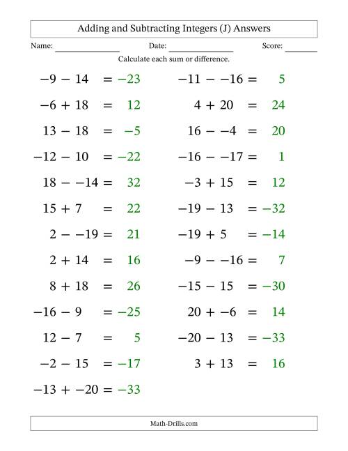 The Adding and Subtracting Mixed Integers from -20 to 20 (25 Questions; Large Print; No Parentheses) (J) Math Worksheet Page 2