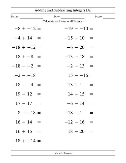 The Adding and Subtracting Mixed Integers from -20 to 20 (25 Questions; Large Print; No Parentheses) (All) Math Worksheet
