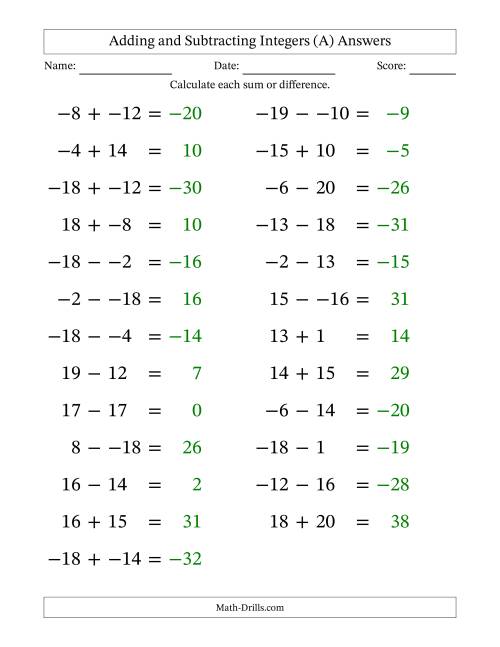 The Adding and Subtracting Mixed Integers from -20 to 20 (25 Questions; Large Print; No Parentheses) (All) Math Worksheet Page 2