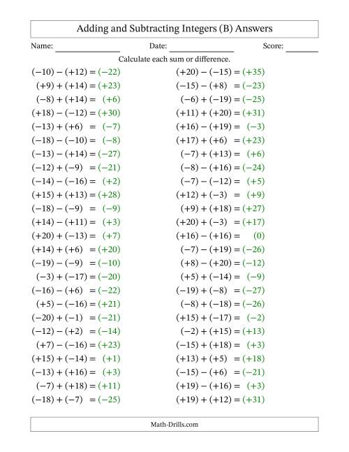 The Adding and Subtracting Mixed Integers from -20 to 20 (50 Questions; All Parentheses) (B) Math Worksheet Page 2