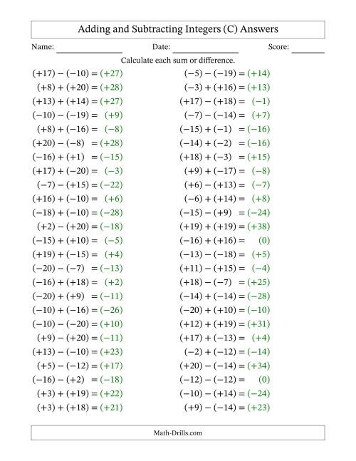 The Adding and Subtracting Mixed Integers from -20 to 20 (50 Questions; All Parentheses) (C) Math Worksheet Page 2