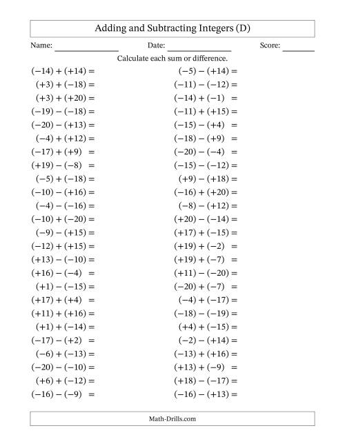 The Adding and Subtracting Mixed Integers from -20 to 20 (50 Questions; All Parentheses) (D) Math Worksheet